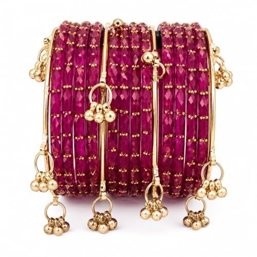 Image of Kaher Kashmiri Glass Bangle with gunghro Set for Women| Traditional, Fancy Glass Chudi Set for Festival, Wedding, and Party (Set Of 16)