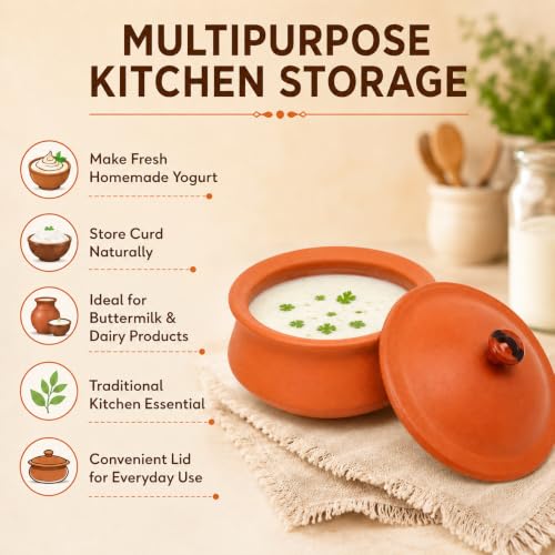 Image of KSI 1000ml Clay Dahi Handi with Lid | Terracotta Curd Pot for Storage | Food Safe Earthen Matka | Natural, Eco-Friendly Mitti Pot for Dahi, Storage & Traditional Use