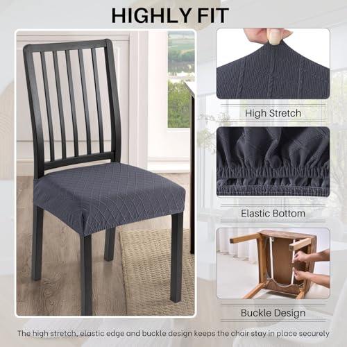 Image of SearchI Stretch Dining Chair Seat Covers Set of 4, Soft Removable Washable Seat Covers for Dining Chairs, Dining Room Seat Cover Protector (Rear-Covered, Check Jacquard Grey)