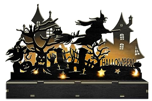 Hexagram Lighted Witch Decor, Wooden Witch Castle Halloween Decorations Indoor, Cute Battery Operated Black Witch Cat Halloween Lights for Bedroom Living Room Office Desk