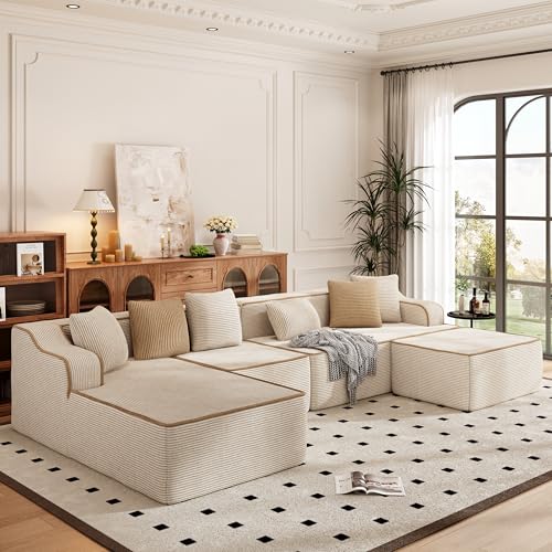 PHI VILLA Canapé Compressé Modulable, Boneless Couch Canape Mousse 6 Places en U avec Siège Profond et 6 Coussins, Velours Côtelé, U-Shape-6, Aucun Assemblage...