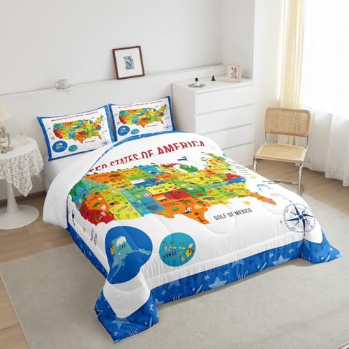 Image of US Geography Comforter Full Size, Geography USA Map Comforter Set for Kids Boys Girls Teens Learning Educational Bedding Set Educational Map Duvet Set Durable Bed Set 3Pcs