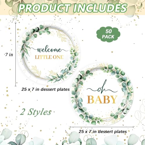 Image of 50Pcs Baby Shower Paper Plates 7 inch Sage Green Oh Baby Party Supplies