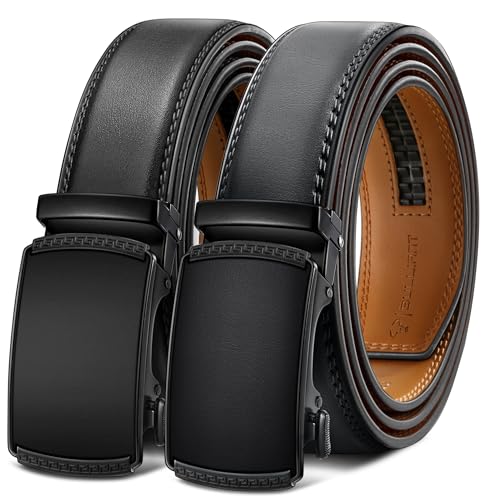 Image of BULLIANT Men's 2-Pack Ratchet Leather Belt Trimmable 1 3 /8 inch-Gift Boxed