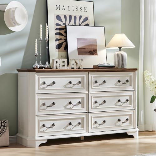 AetherWood Landhaus Kommode mit 6 Schubladen für Schlafzimmer, 137 cm breite rustikale Holzkommode mit natürlicher Textur, Vintage Design, Sideboard Organizer für Wohnzimmer, Antik Weiß