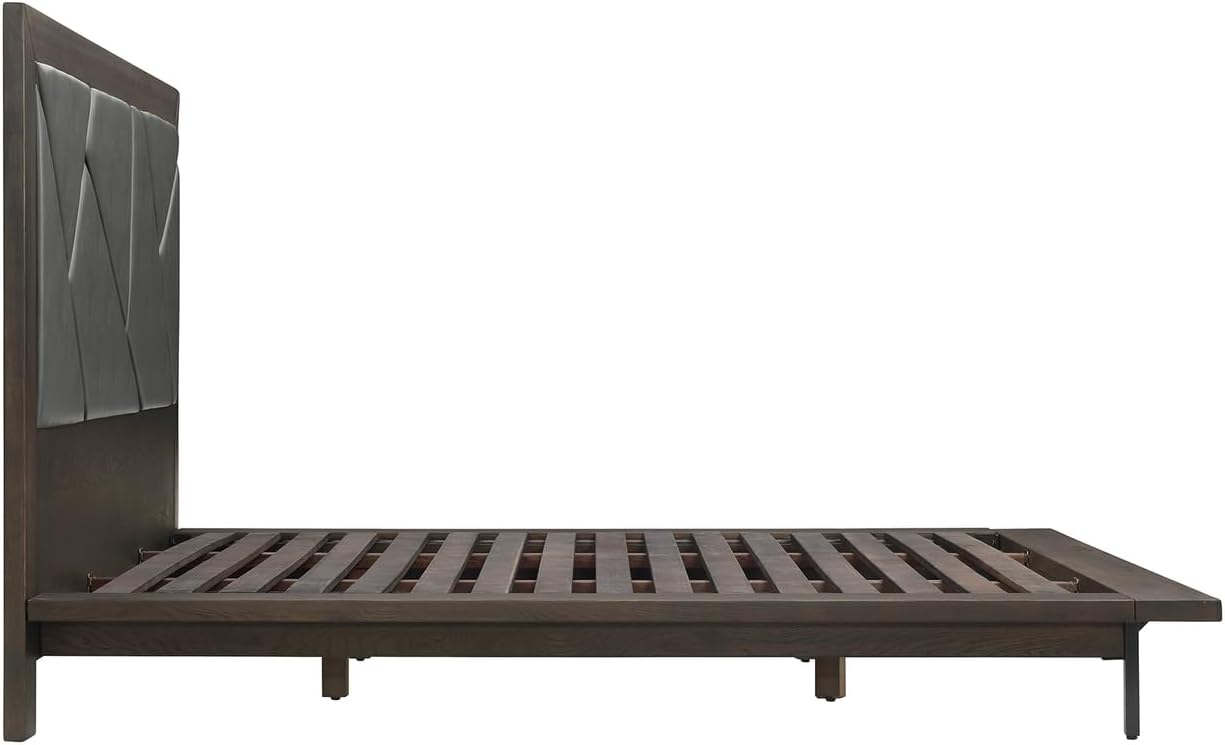HomeStock King Size Platform Bed Frame - Oak WoodFaux Leather Headboard - Modern Bed