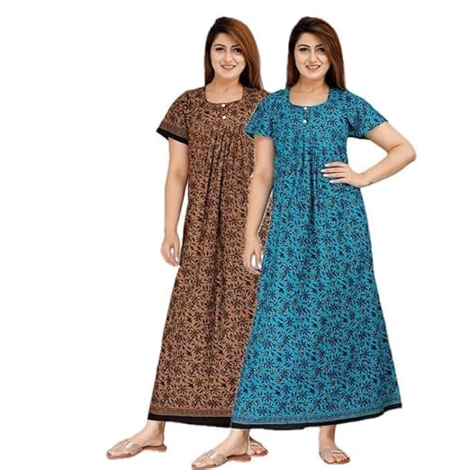 Image of OFEEFAN Cotton Nighty for Women - Pack of 2 Printed Maxi Gowns, Ankle-Length Night Dresses, Soft & Breathable Sleepwear - Free Size