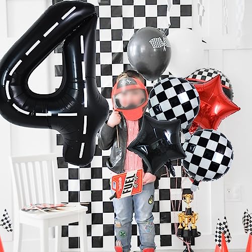 Image of TONIFUL 40 Inch Race Car 4th Birthday Balloons Racetrack Number 4 Black & White Checkered Balloons Boys Car Themed Birthday Party Decor