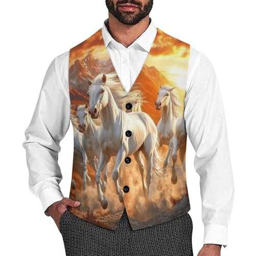 Seven Lucky Running Wild Horses Men's Suit Vests Dress Vest V-Neck Waistcoat Slim Business Formal with Pocket