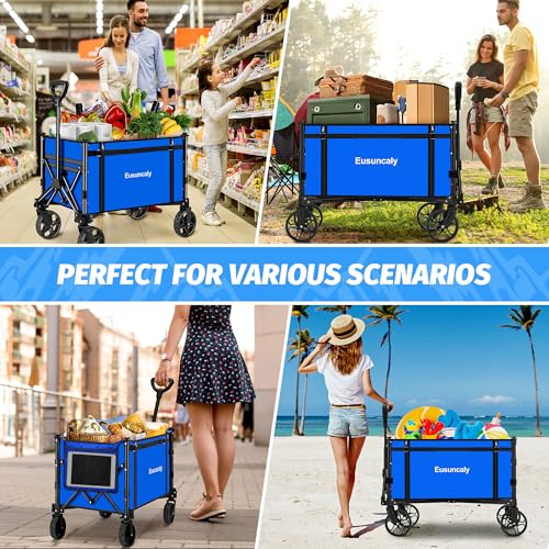 Eusuncaly Collapsible Wagon with Wheels, Wagons Carts Foldable, Heavy Duty Folding Utility Cart for Grocery, Camping, Shopping, Sports, Garden, Fishing, Blue