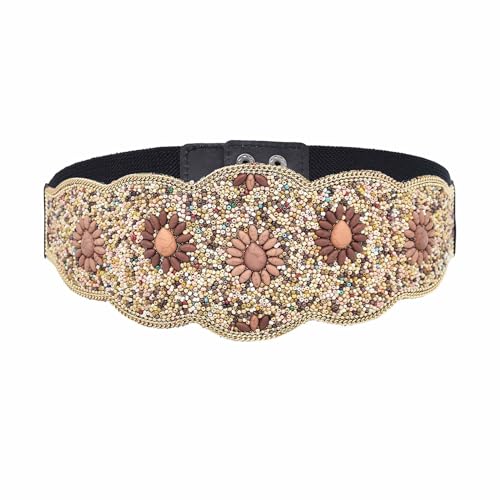 Bohemian Women Belts Wide Beaded Flower Elastic Waist Cinch Belt Handmade Stretchy Vintage Waist Belt