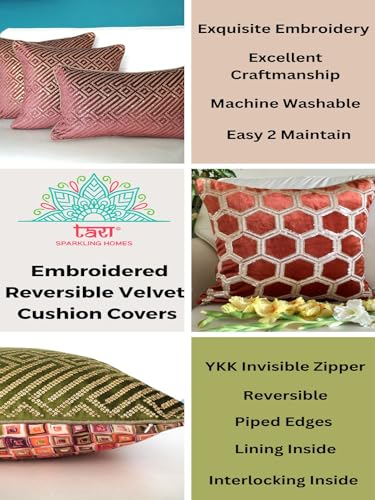 Image of TARA- Sparkling Homes 18 x 18 Inches Zari Embroidered Velvet Cushion Covers, 'Padmini' from 'The Royal Collection', Set of 1 (Burnt Orange, 18 x 18 Inches)