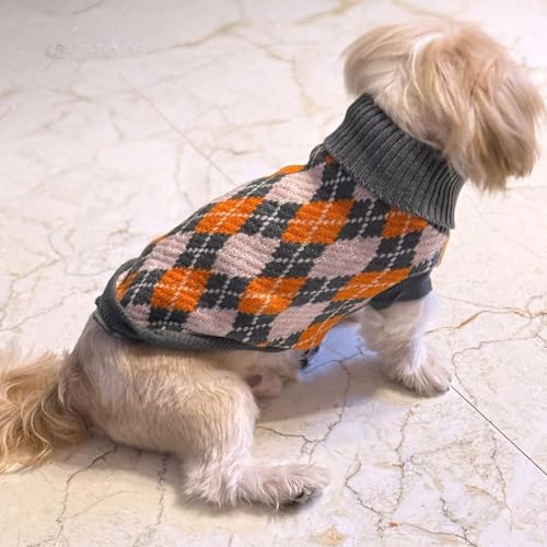 Image of Lulala Dog Sweater for Winter - Soft Grey Orange and Grey Argyle Pattern, Warm Knit Sweater for Small to Medium Breeds, Cozy Dog Clothes