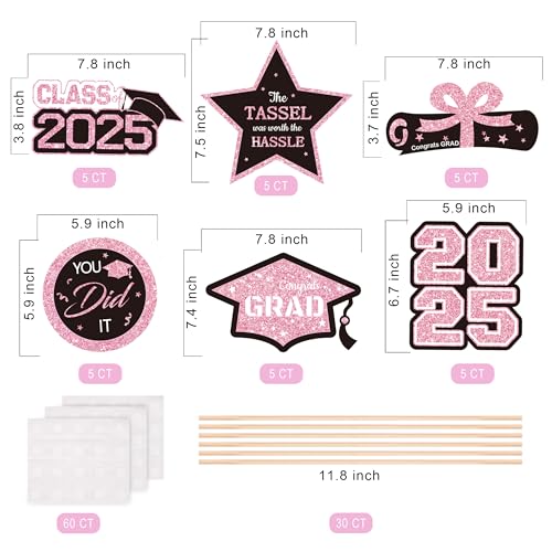 Image of Gexolenu 30 PCS Glitter Black and Pink Double-Sided Graduation Centerpieces for Tables, 2025 Graduation Table Toppers Party Centerpiece Sticks Party Supplies, Set of 5