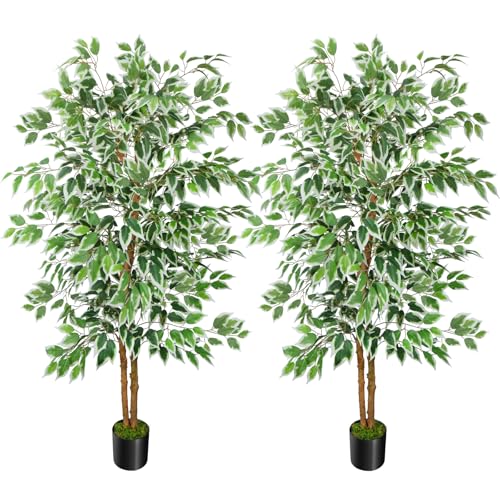 GTIDEA 2 Pcs 5ft Ficus Artificial Trees, Tall Faux Trees with Natural Trunk, Fake Silk Tree...