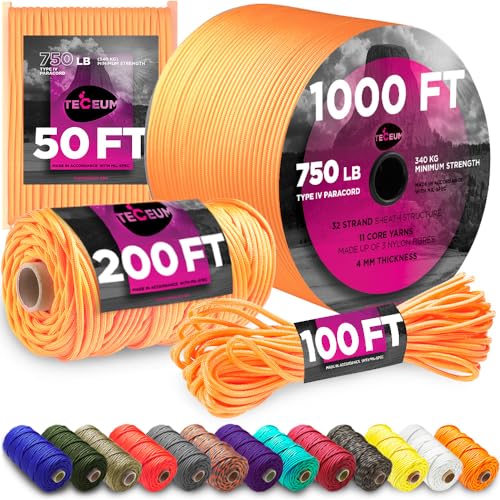 Image of TECEUM 5 /32 inch Paracord Rope 1000 - 1000ft / 200ft / 100ft / 50ft - Tactical Parachute Cord 4mm - 45+ Colors - Nylon String for Survival & Camping Gear - Stripe Cord for Survival - Utility Rope