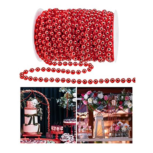 ABONDEVER 60.5FT Christmas Tree Beads Garland Decor Artificial Plastic Pearls Beads Roll for Xmas Tree Party Wedding Decoration Supplies(Red)