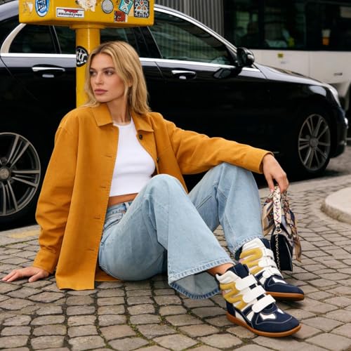 Image of Dsevht Hidden Wedge Sneakers for Women High Top Fashion Sneaker Suede High Heel Platform Tennis Triple Strappy Band Casual Vintage Dressy Comfy Campus Trendy Retro Sneaker