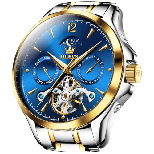 Image of OLEVS Men's Wristwatch, Popular, Mechanical Watch, Men's, Automatic Winding, Skeleton, Moon Phase, Business, Gentleman, Waterproof, Date, Calendar, Blue, Watch for Men, blue, Bracelet Type