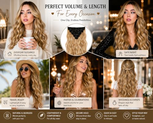 Image of Salon-Grade HONEY BLONDE Curly /Wavy Clip-in Extensions - 6PCS Synthetic Hair Volumizer with 13 Secure Clips for Instant Volume & Realistic Blend