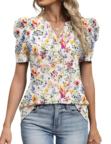 Image of LOMON Spring Summer Tops for Women 2026 V Neck Puff Short Sleeve Tops Fashion Trendy Work Blouses Dressy Casual S-XXL