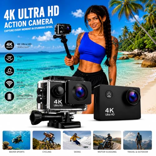 Image of 4K Action Camera 16MP with WiFi, 170 Wide Angle, Memory Card Support, Essential Accessories, for Vlogging and YouTube (Dark Black 1)