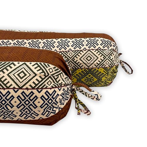 Image of Swayam Set of 2 Pure Cotton Bolster Cover | 30x30 Inch | Soft Breathable Masnad Cover 200TC | Durable & Washable | Motif Print Bolster Cover for Diwan, Bed & Sofa - Brown & Yellow