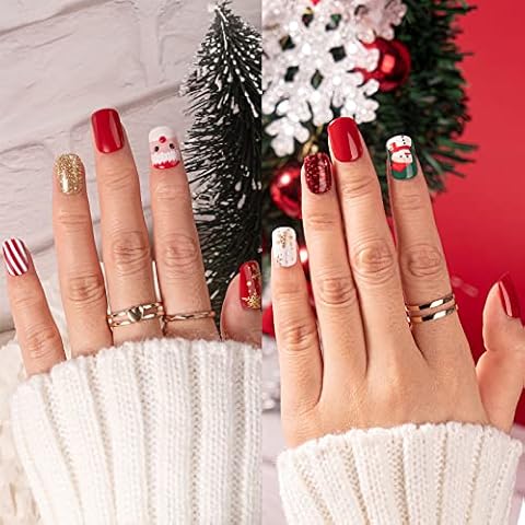Vamony 60Pcs Christmas Press on Nails Short, Square Glitter Cute Xmas Fake Nails Design (Santa Claus), False Nails Christmas Gift for Women Girls Cover