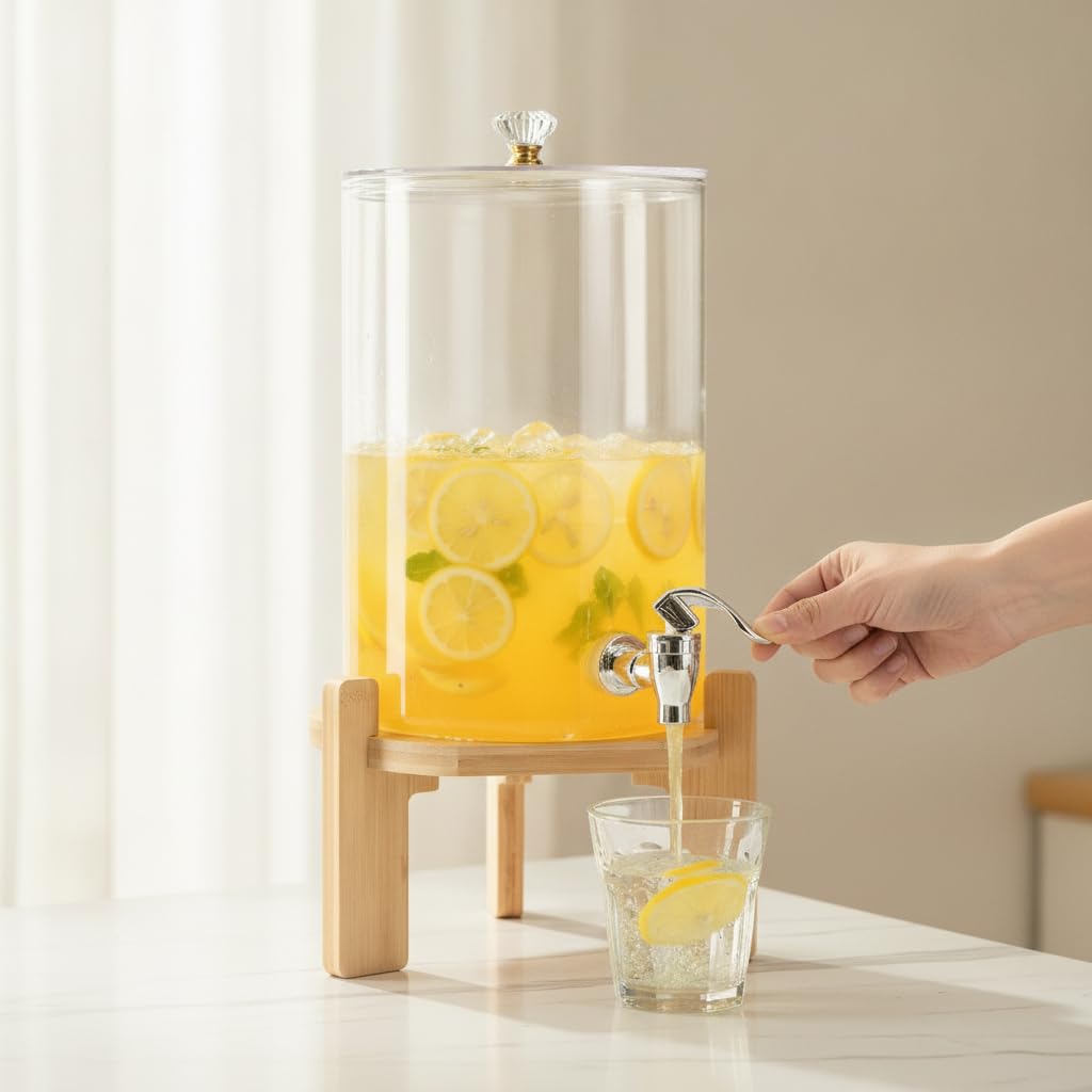 Dispensador Bebidas Vidrio Estilo, 4.5L + grifo + base bambú