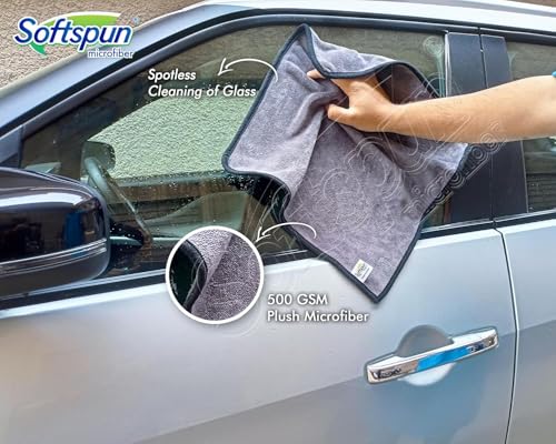 Image of SOFTSPUN Microfiber Super Absorbent Cloth 500 GSM 40X40 cms Pack of 5 Grey! Silk Banded Edge Towel Set Extra Thick Microfiber Cleaning Cloths Perfect for Bike Auto Cars Both Interior and Exterior.
