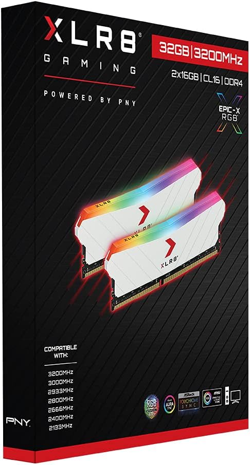 PNY XLR8 Gaming 32GB (2x16GB) DDR4 DRAM 3200MHz (PC4-25600) CL16 1.35V RGB Dual Channel Desktop (DIMM) Memory White Edition MD32GK2D4320016XWRGB White 32GB (2x16GB) 3200 MHz