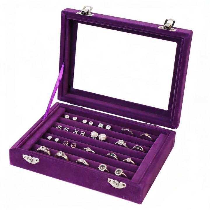 EONGOA Jewelry Box Rings Organizer Tray 7 Slots Velvet Jewelry Earring Storage Box With Transparent Lid Jewelry Display Case for Girls Women (Purple)