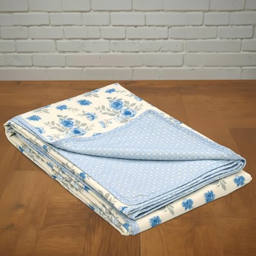 Image of HUESLAND 100% Cotton Reversible Dohar Single Bed Cotton | Soft Cambric Weave, Lightweight AC Blanket for Summer & All Weather Use | 56 x 89 inches, Floral Medley - Ivory & Blue