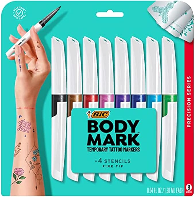 BIC BodyMark Temporary Tattoo Markers for Skin, Precision Series, Fine Tip, 8-Count Pack of Assorted Colors, Skin-Safe*, Cosmetic Quality (MTBFP81-AST)