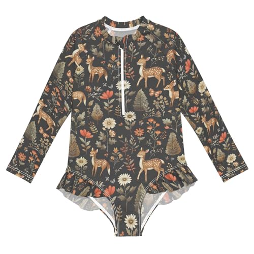 Forest Deer Fox Tree Girls Long Sleeve Swimsuit UPF 50+ Rashguard Swimwear One Piece Bathing Suit 21220170