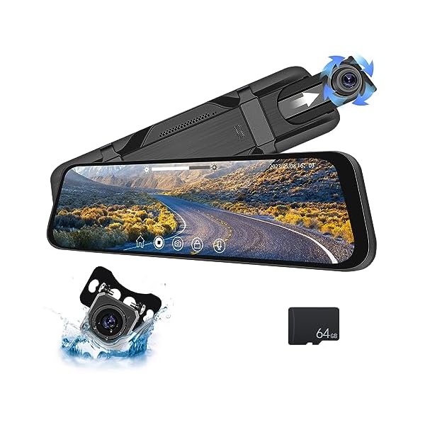 CAMECHO 9.66″ Mirror Dash Cam Rear View Mirror Camera Front and Rear 1080P Backup Camera with 64GB Card, Touch Screen Dual Front and Rear Camera/Night Vision/G-Sensor/Parking Monitor/Loop Recording