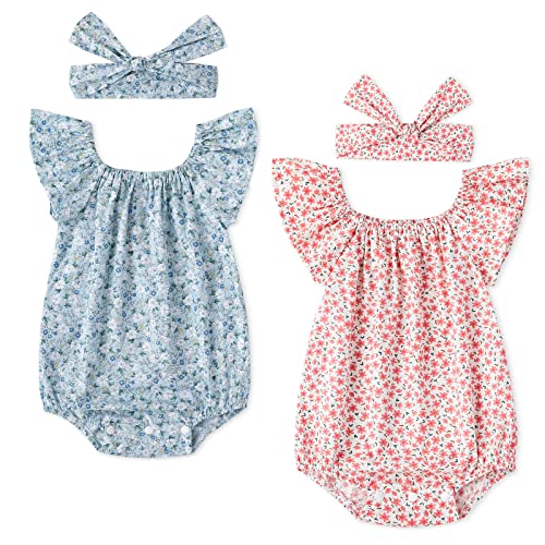 Image of Simplee kids Baby Girls Summer Romper Onesie Infant Newborn Floral Ruffled Sleeveless Bodysuit