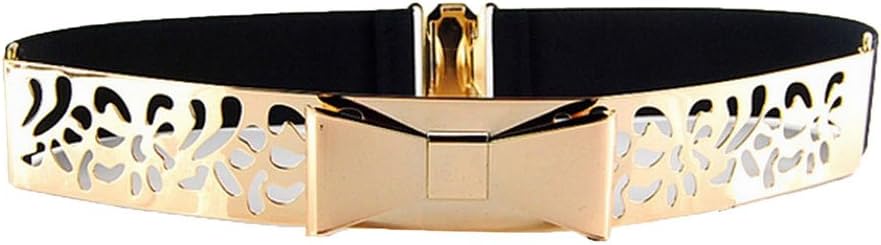 Women Fashion Gold Metal Keeper Metallic Big Mirror Bow Wide Obi Belts (Fretwork Black)