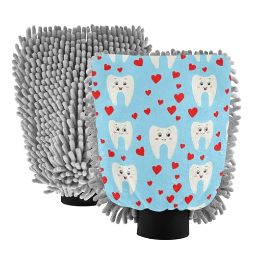 Kigai Cute Cartoon Teeth Car Wash Mitt Microfiber, 2Pcs Scratch Free Lint-Free, Premium Chenille Microfiber Mitt Car Wash Brush-M