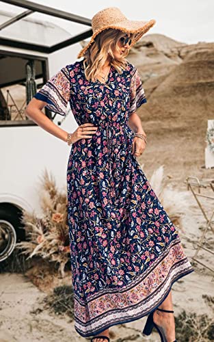 Image of PRETTYGARDEN Women's Casual Summer Boho Floral Print Dress V Neck Short Sleeve High Waist Long Maxi Beach Dresses