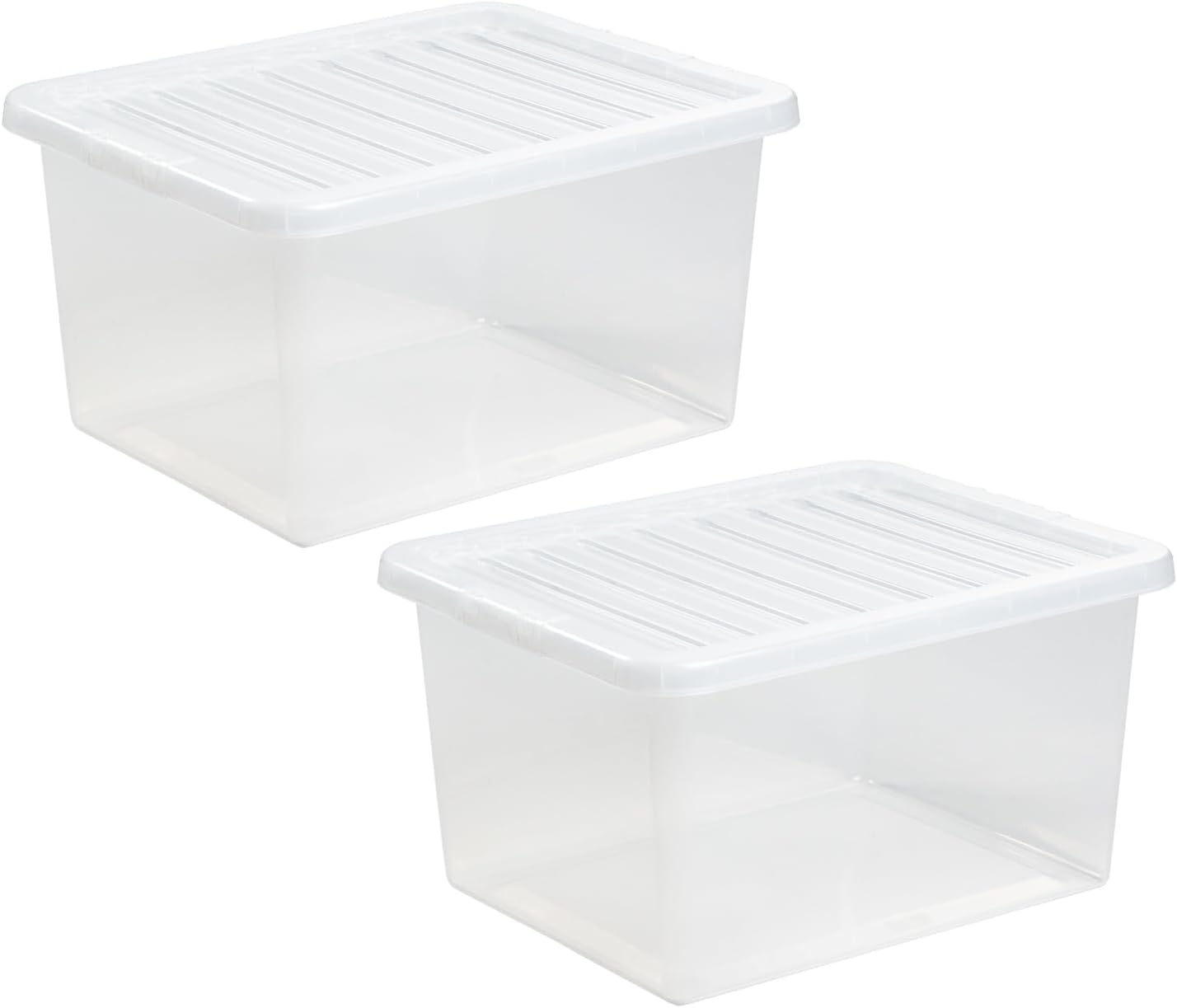 2x 37 Litre Large Crystal Clear Plastic Storage Box With Secure Clip on Lid Stackable Organizing