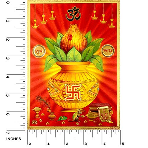 Yogic Mantra Shubh Labh Kalash Lota Photo Poster (5x7 Inch 24K Gold Plated Foil Paper 180 GSM) Holy Sacred Kalash Pot Wall Art Decor Embossed Printing for Diwali Gift Home Office Mandir & Temple Decor