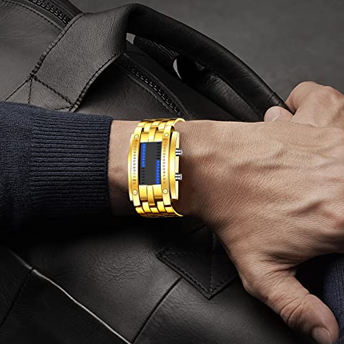 Binary Matrix Blue LED Digital Watch Mens Classic Creative Fashion Black Plated Wrist Watches (Gold)