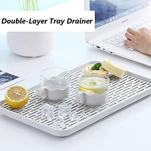 30 * 17.5cm Water Drip Tray Holder, Dish Drainer Tray, Dish Drain Board Mat, Sink Side Dish Draining Board, Thicken Plastic Double layer Drying Tray for Cups, Bowls, Fruits, Utensil, Coffee Tea,Grey