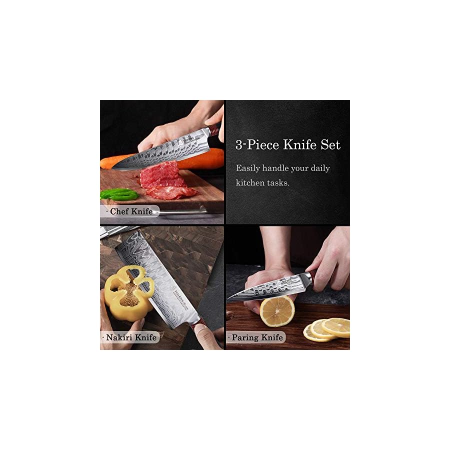 TUO-Damascus-Kitchen-Knife-Set-3-Piece-8-Chef-Knife-65-Nakiri-Knife-and-35-Paring-Knife-Japanese-AUS-10-High-Carbon-Stainless-Steel-Full-Tang-G10-Handle-Gift-Box-Ring-D-Series TUO Damascus Kitchen Knife Set 3 Piece, 8" Chef Knife, 6.5" Nakiri Knife and 3.5" Paring Knife, Japanese AUS-10 High Carbon Stainless Steel, Full Tang G10 Handle - Gift Box - Ring-D Series