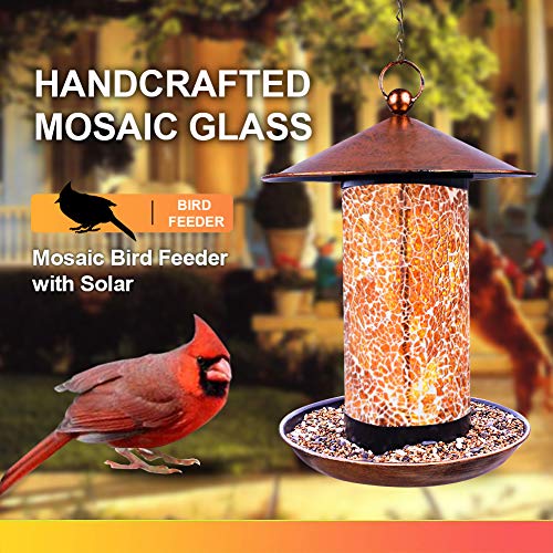 XDW-GIFTS Solar Bird-Feeder for Outside Hanging Outdoor - Solar Powered Garden Light Lantern Birdhouse Wild Hanging Birdfeeder Waterproof Unique Mosaic Copper Bird Feeder for Outdoors - Thumbnail 2