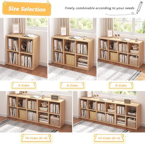 4 Cube Organizer Bookcase - Fabric Storage Bins Container, Open Shelf Simple Compartments Bookshelf, Oak