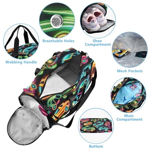 Neon Cars Duffle Bag for Girl, Sports Duffle Gym Bags with Shoe Compartment, Personalized Overnight Bag Travel Weekender for Kids3