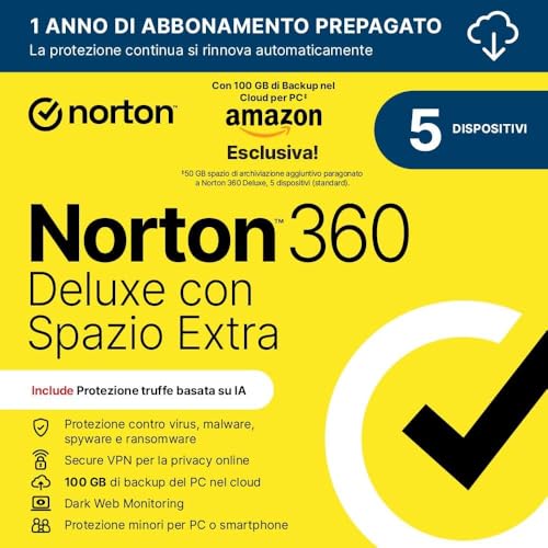 Norton 360 Deluxe | Extra Spazio Archiviazione|Esclusiva Amazon *50 GB extra Cloud Backup| Antivirus 5 dispositivi| 1 anno rinnovo automatico
