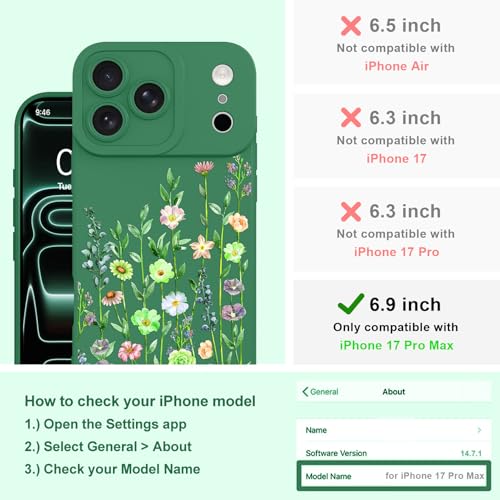 Image of Designed for iPhone 17 Pro Max Case Flower for Women Girls, Green | Cute Floral Pattern Liquid Silicone Phone Case [Full Camera Protection] Slim Soft TPU Protective Cover